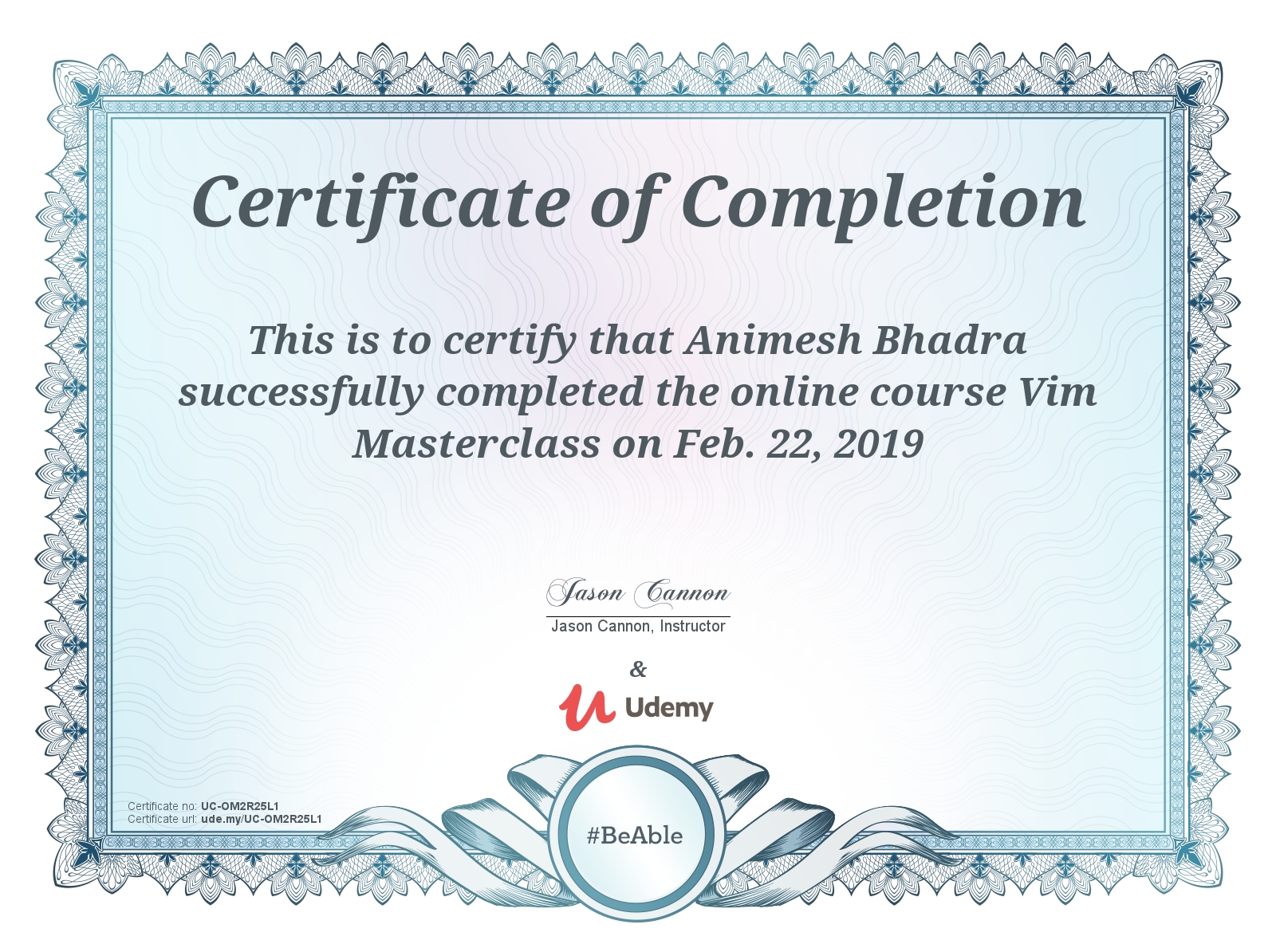 Vim Master Class Certificate 